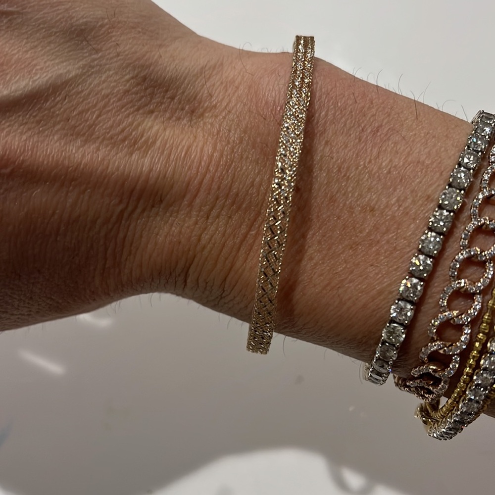 14K Real white and yellow gold laser cut stretchy bangle